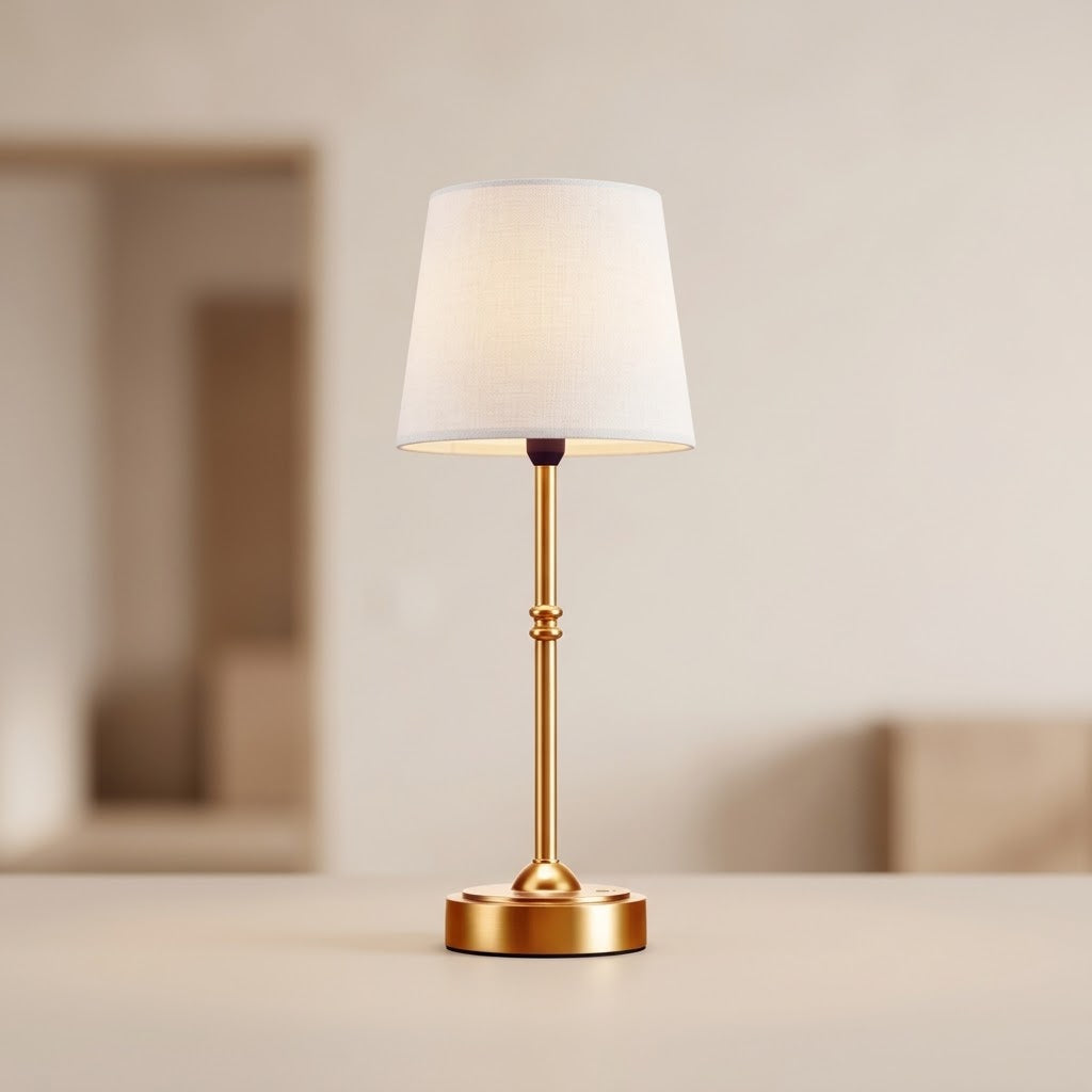 A modern table lamp with a warm gold-finished metal base and stem, featuring a white fabric drum shade, shown lit on a light beige tabletop against a softly blurred neutral background.