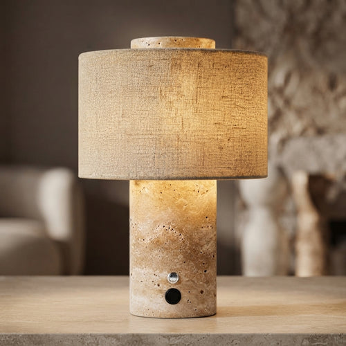 Monolit Travertine Table Lamp.Portable and rechargeable