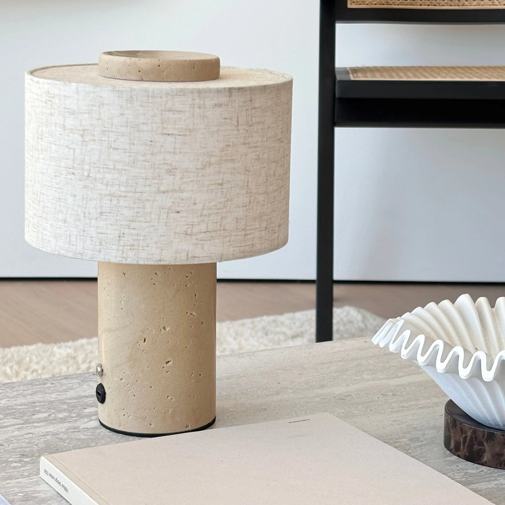 Mira Table Lamp in natural stone, portable and rechargeable, perfect for bedside or living room use. 1