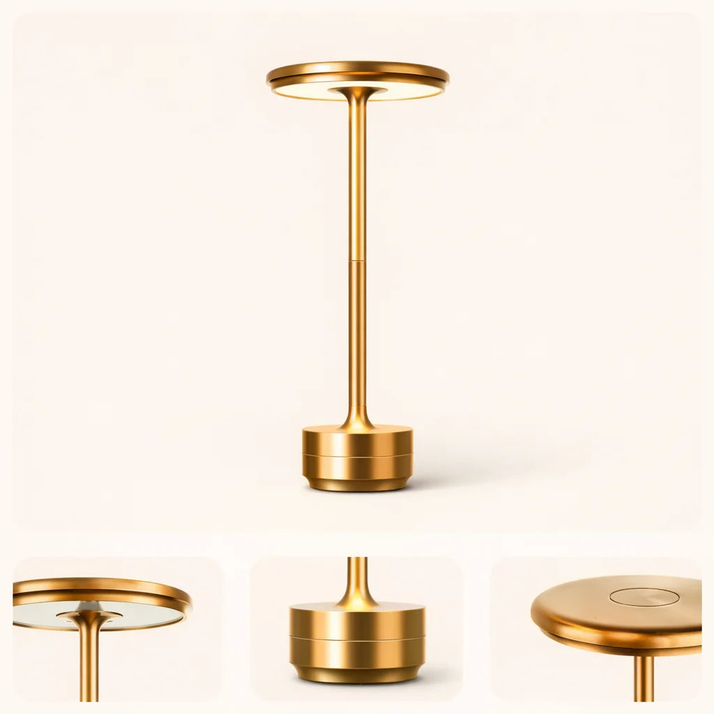 Gold-colored lamp with multiple angles on a white background