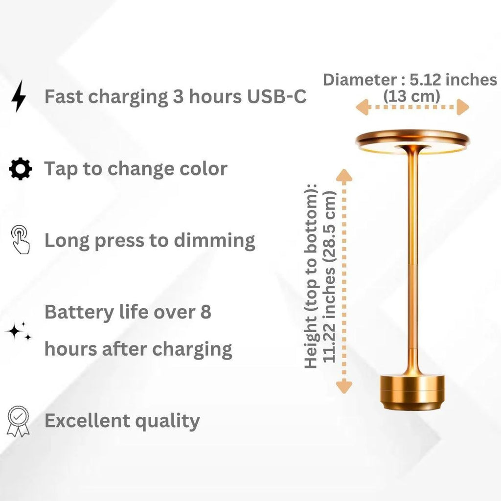 Gold-colored lamp with features listed on a white background