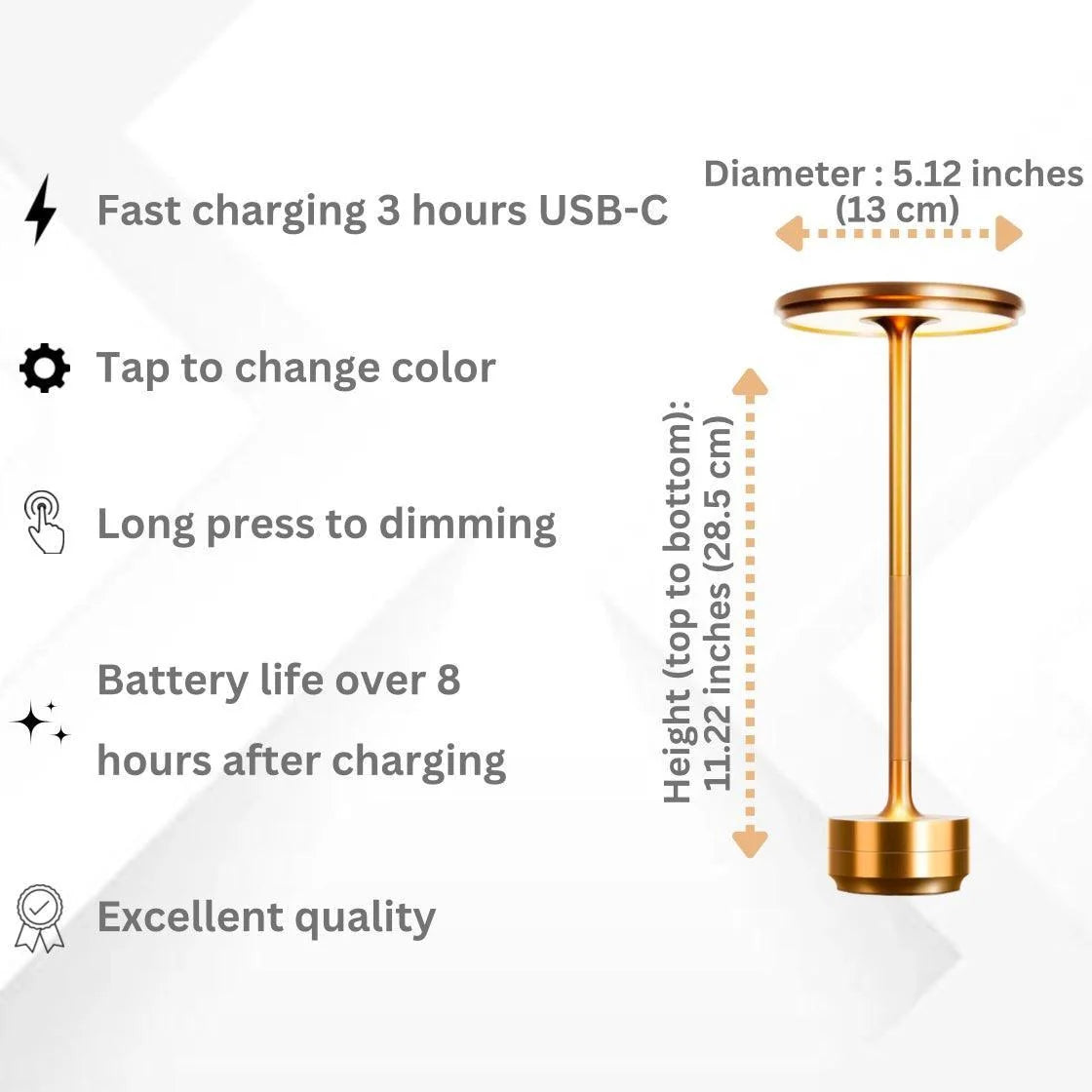 Gold-colored lamp with features listed on a white background
