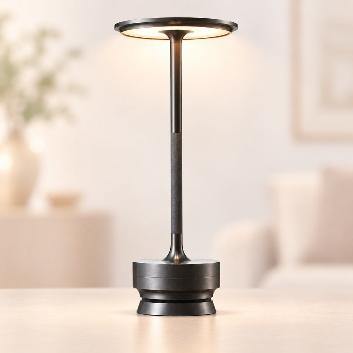 A modern adjustable table lamp with a dark metallic finish, featuring a circular head that emits warm light, standing on a round base on a light wooden table with a softly blurred living room background.