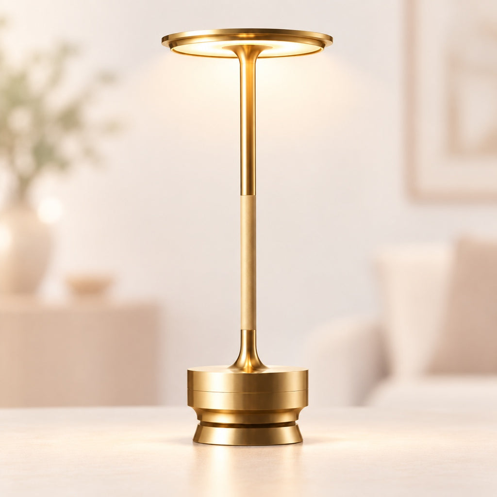 A modern gold table lamp with a circular shade, slim stem, and tiered base, shown lit on a light surface in a softly blurred indoor setting.