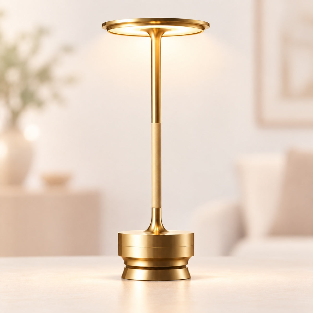 A modern gold table lamp with a circular shade, slim stem, and tiered base, shown lit on a light surface in a softly blurred indoor setting.
