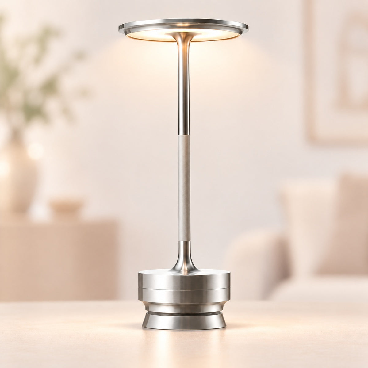 A modern silver metal table lamp with a circular top and cylindrical base, shown lit on a light wooden surface in a softly blurred living room setting.